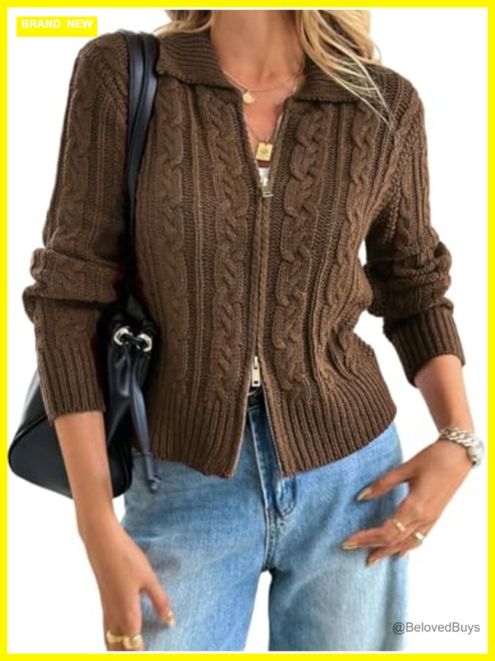 Cable Knit Crop Cardigan Zip Up Chunky Sweater Jacket Fall